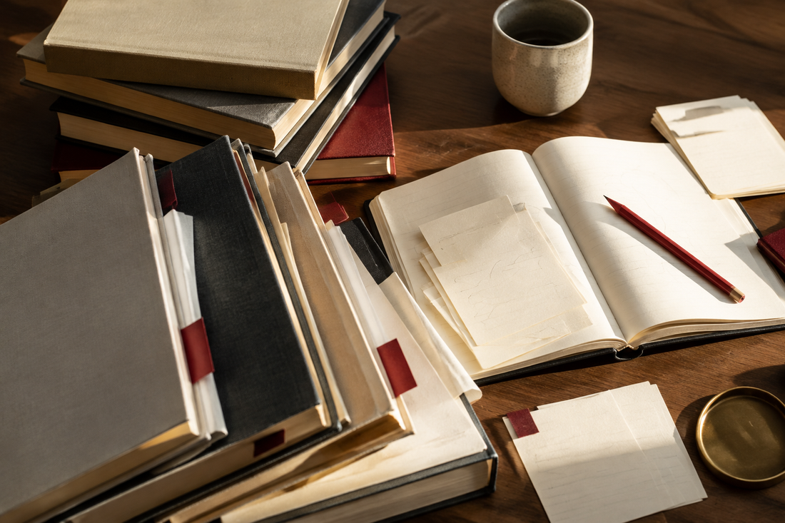 Curated books, reading notes, and red pencil arranged on a warm wooden table