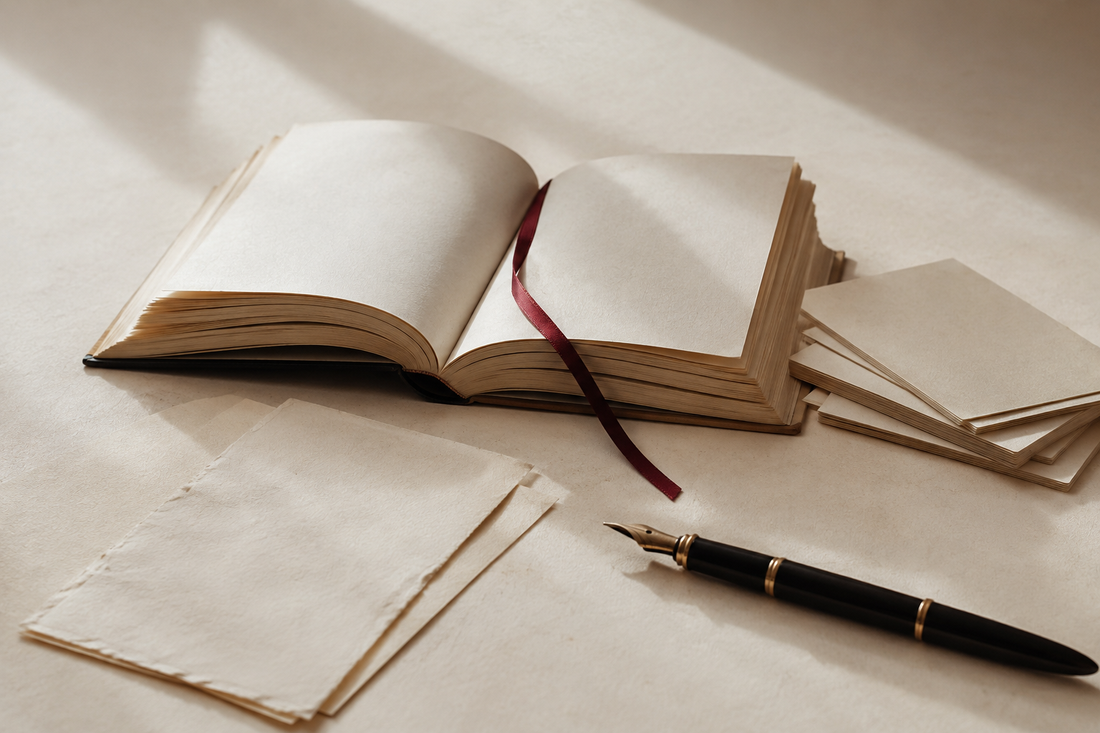 Open book, reading notes, red ribbon, and fountain pen in warm light