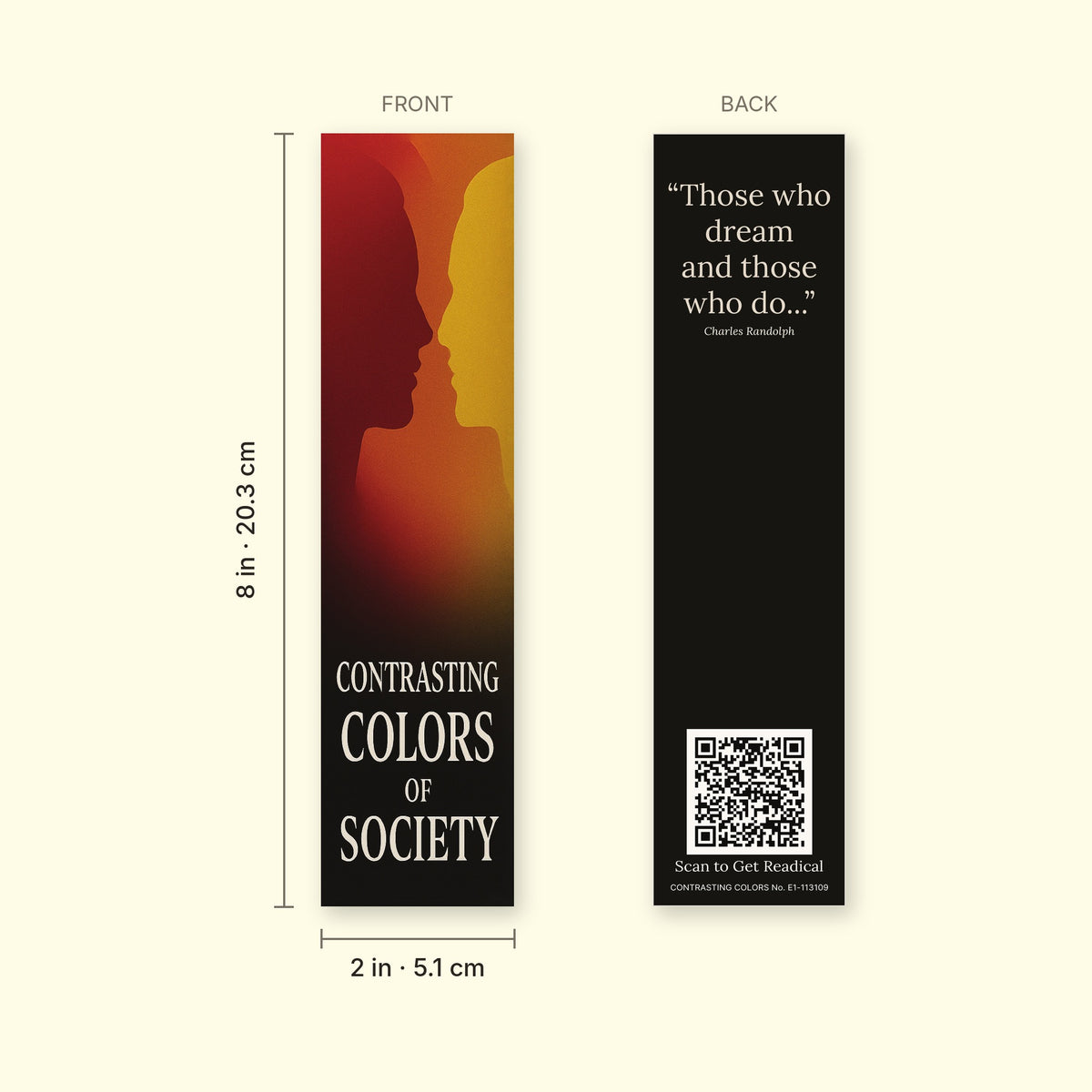Front and back of the Contrasting Colors bookmark with dimensions, 2 x 8 inches (5.1 x 20.3 cm)