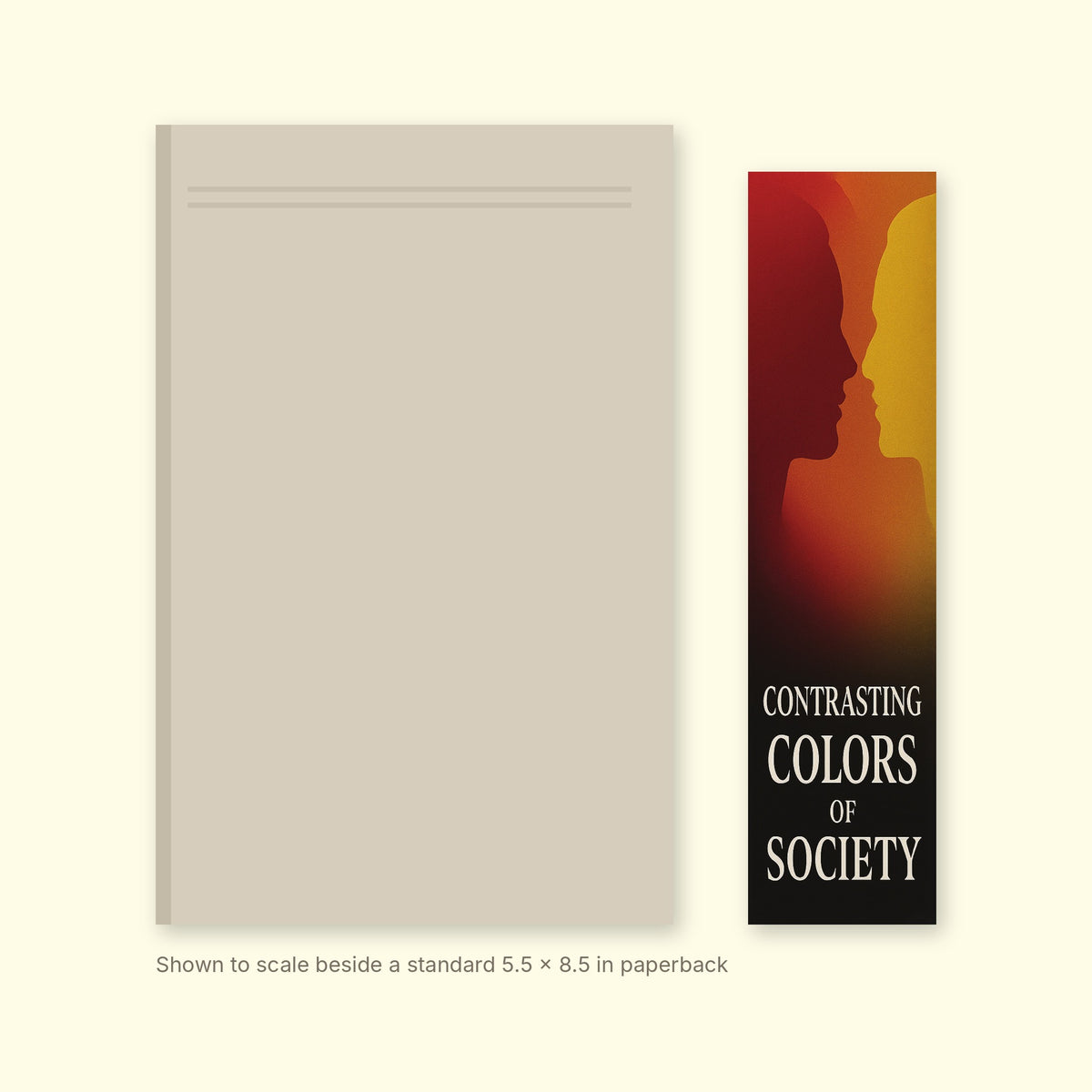 Contrasting Colors bookmark shown to scale beside a standard 5.5 x 8.5 inch paperback
