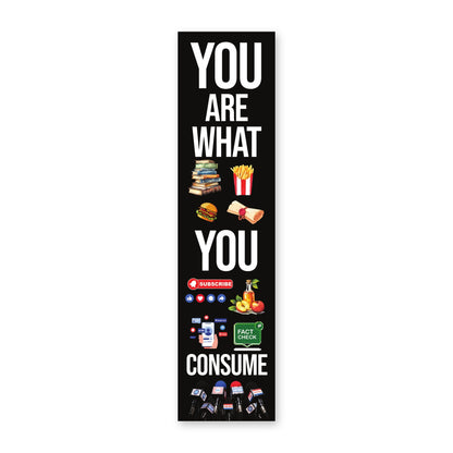 Front of the Readical Ingestion bookmark: You are what you consume in white capitals on black with food and media icons
