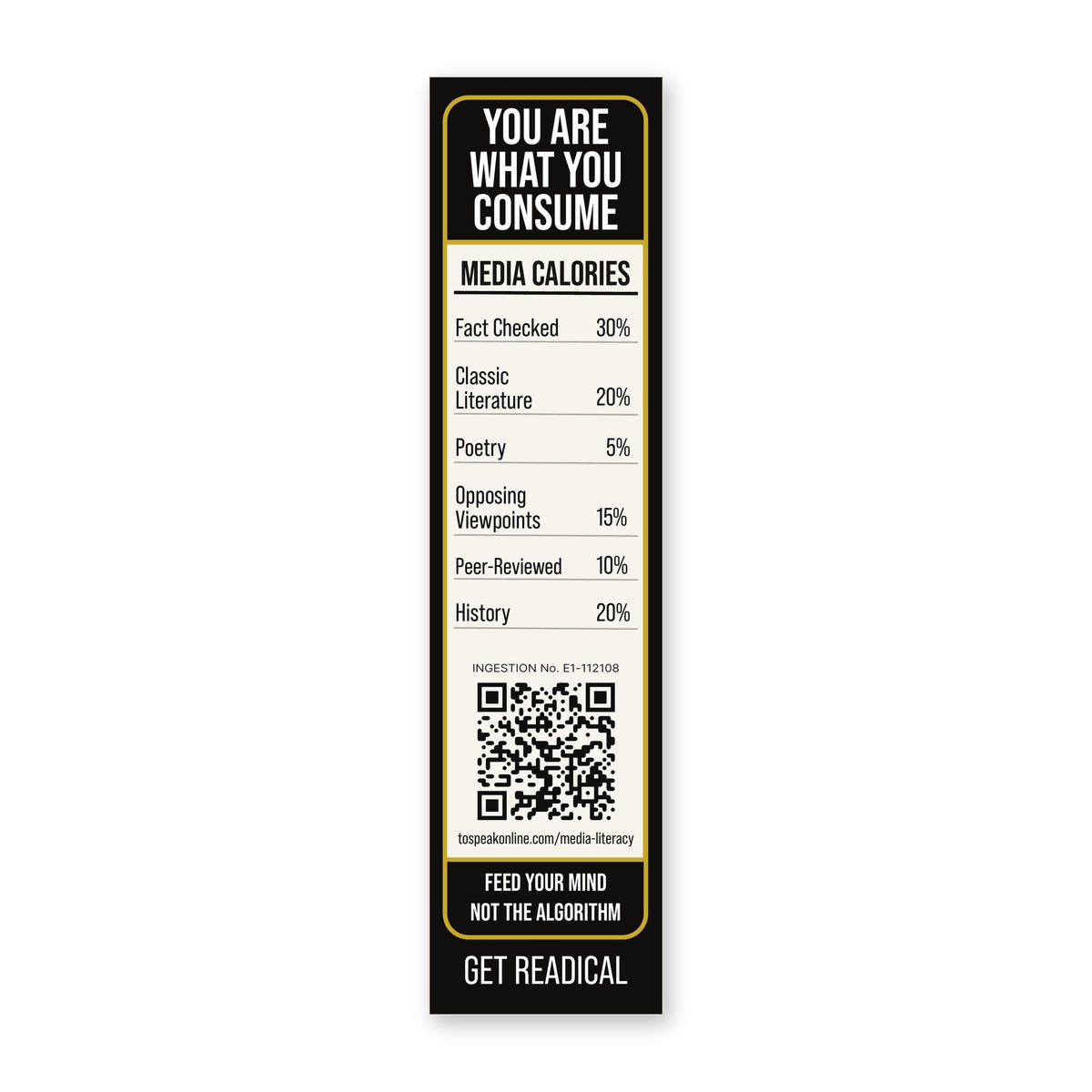 Back of the Readical Ingestion bookmark: black card with a Media Calories nutrition-style label, card No. E1-112108 and a QR code
