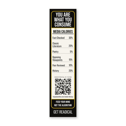 Back of the Readical Ingestion bookmark: black card with a Media Calories nutrition-style label, card No. E1-112108 and a QR code