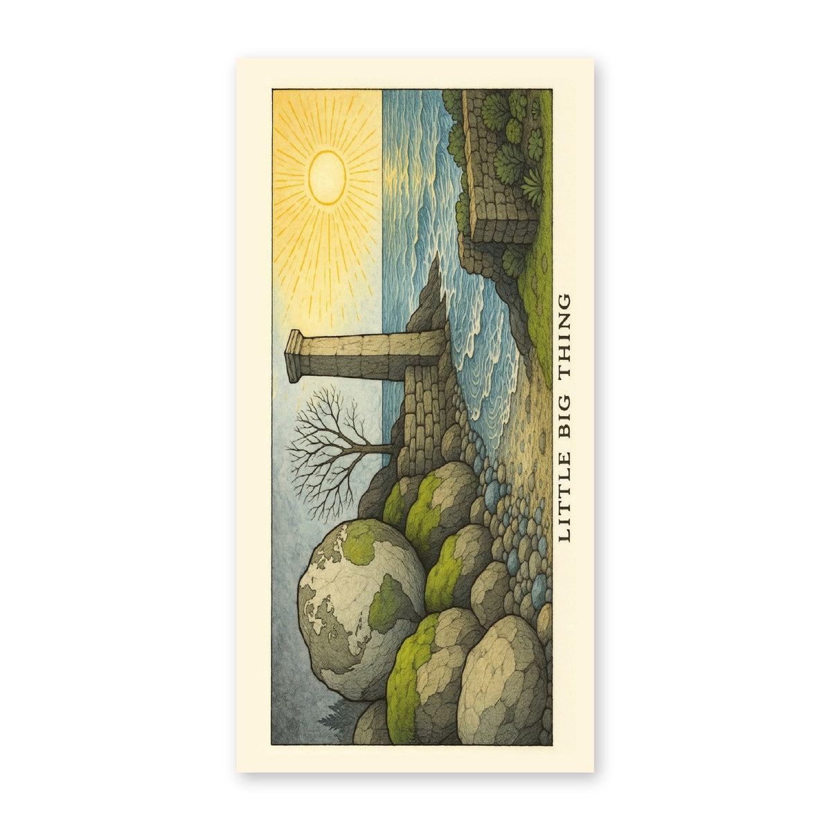 Front of the Readical Little Big Thing V1 bookmark: fine-line illustration of a sun, stone tower, bare tree and mossed boulders on a coast, on a cream border
