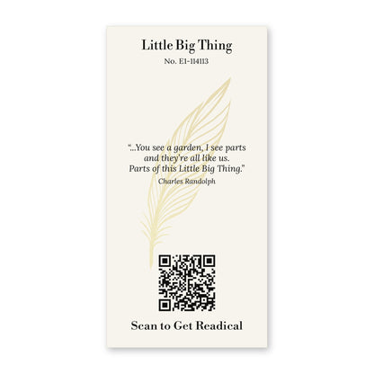Back of the Readical Little Big Thing V1 bookmark: cream card with lines from the poem by Charles Randolph, a feather, card No. E1-114113 and a QR code