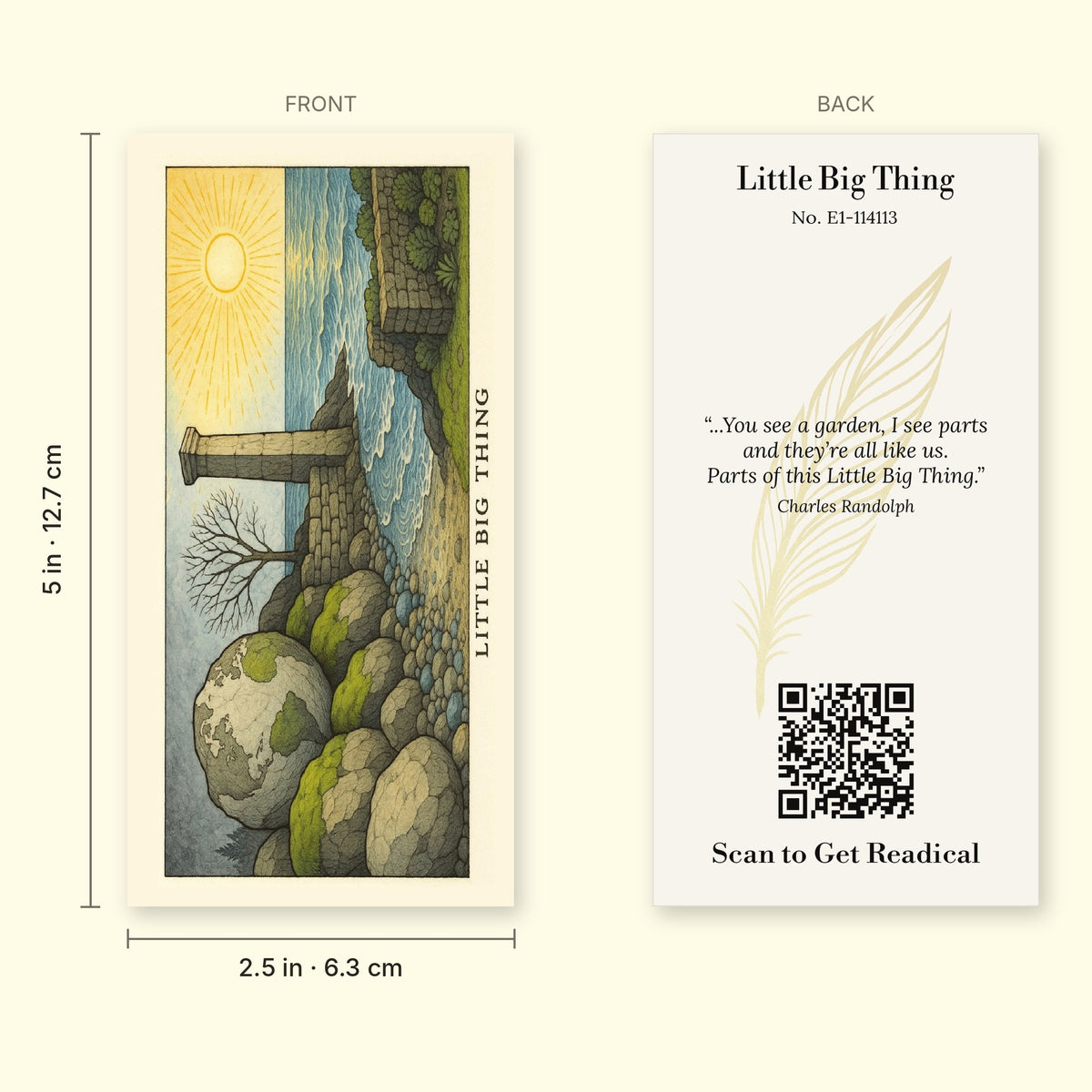 Front and back of the Little Big Thing V1 bookmark with dimensions, 2.5 x 5 inches (6.4 x 12.7 cm)