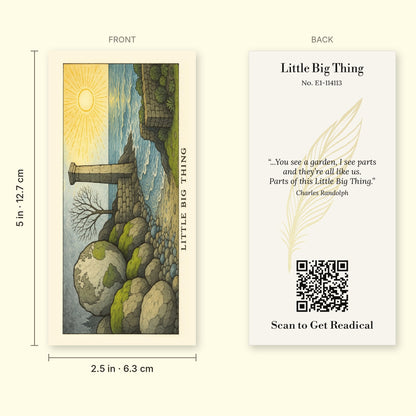 Front and back of the Little Big Thing V1 bookmark with dimensions, 2.5 x 5 inches (6.4 x 12.7 cm)