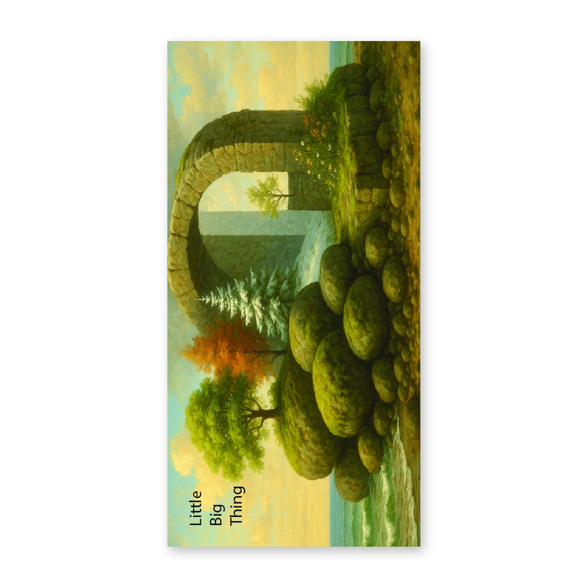 Front of the Readical Little Big Thing V2 bookmark: painted landscape of a stone arch over the sea, mossed boulders and trees under a pale gold sky