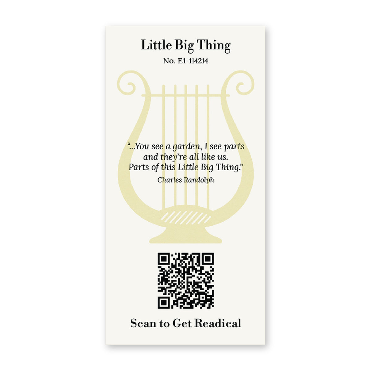 Back of the Readical Little Big Thing V2 bookmark: cream card with lines from the poem by Charles Randolph, a lyre, card No. E1-114214 and a QR code