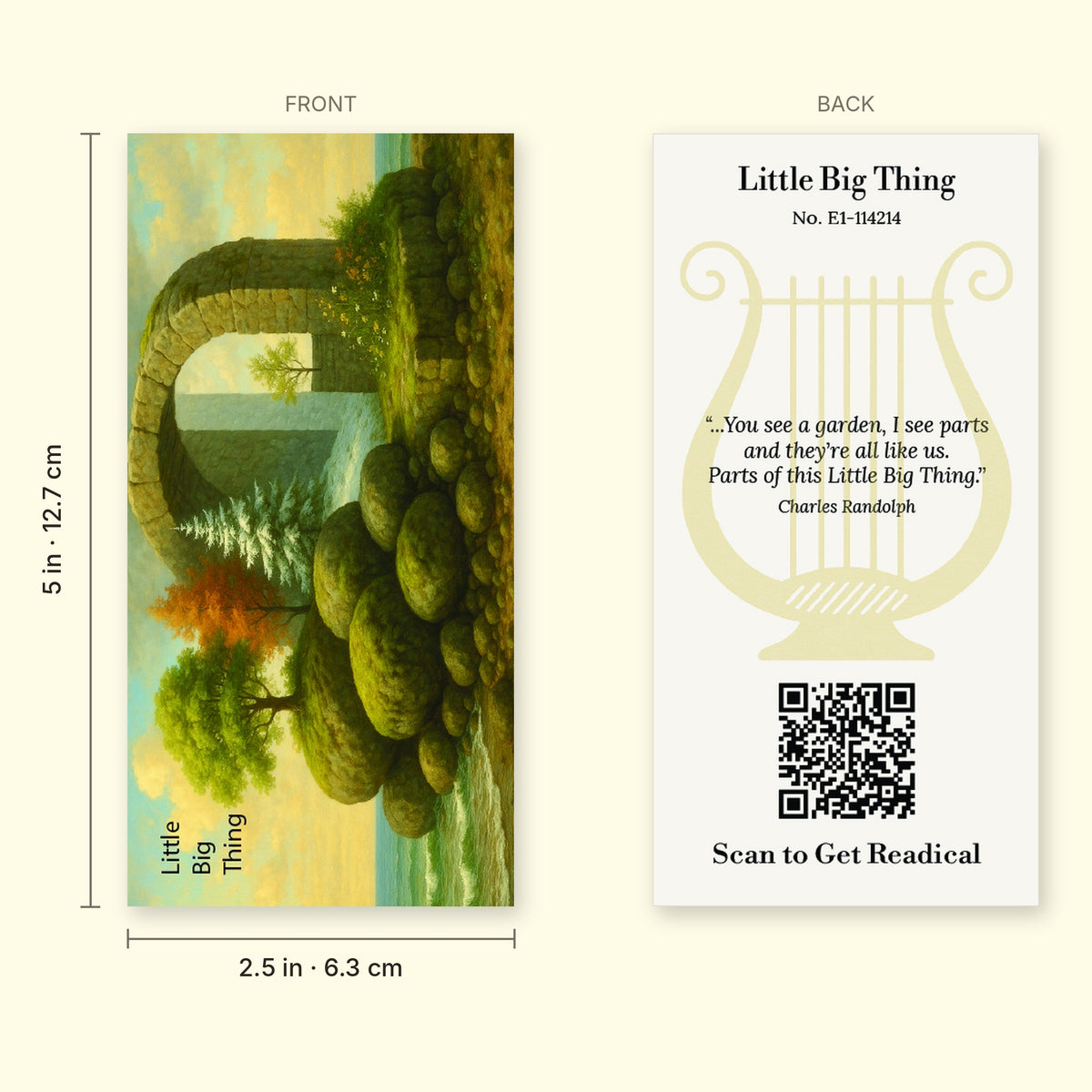 Front and back of the Little Big Thing V2 bookmark with dimensions, 2.5 x 5 inches (6.4 x 12.7 cm)