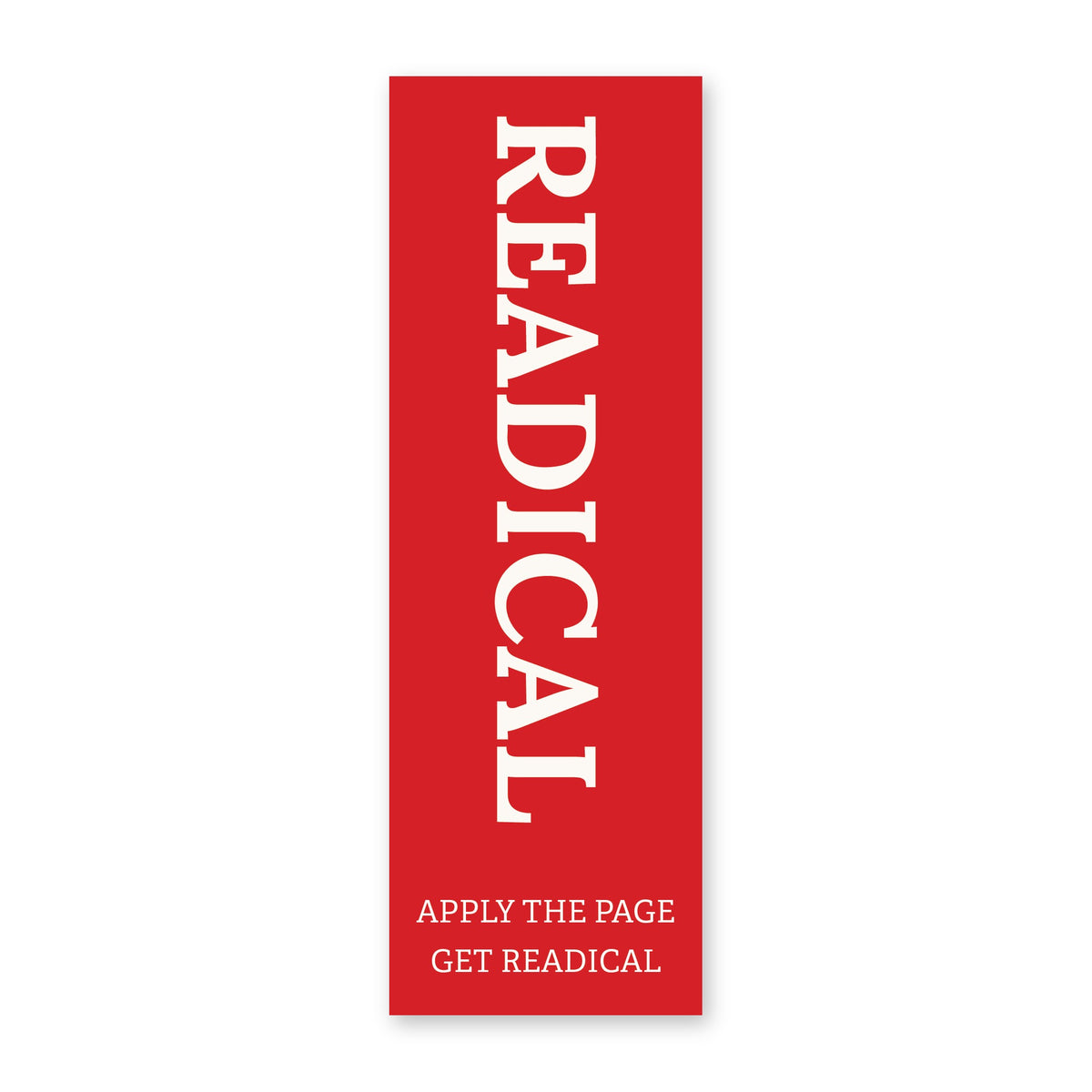 Front of the Readical Apply the Page bookmark: READICAL in white capitals on red, with Apply the Page, Get Readical