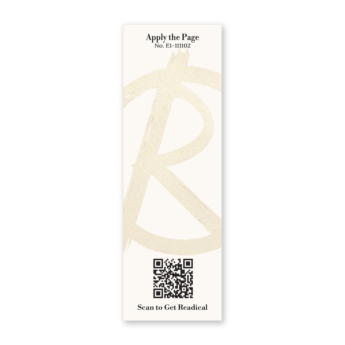 Back of the Readical Apply the Page bookmark: cream card with a painted R mark, card No. E1-111102 and a QR code
