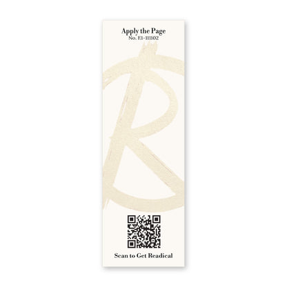 Back of the Readical Apply the Page bookmark: cream card with a painted R mark, card No. E1-111102 and a QR code