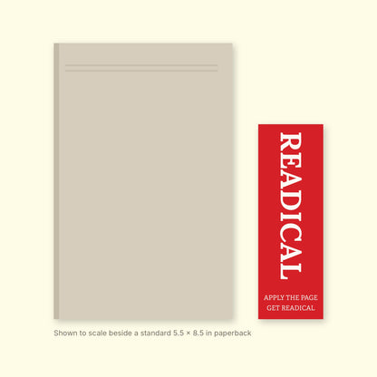 Apply the Page bookmark shown to scale beside a standard 5.5 x 8.5 inch paperback