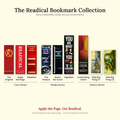 The Readical Bookmark Collection: all nine cards across the Core, Media and Poetry series shown to the same scale