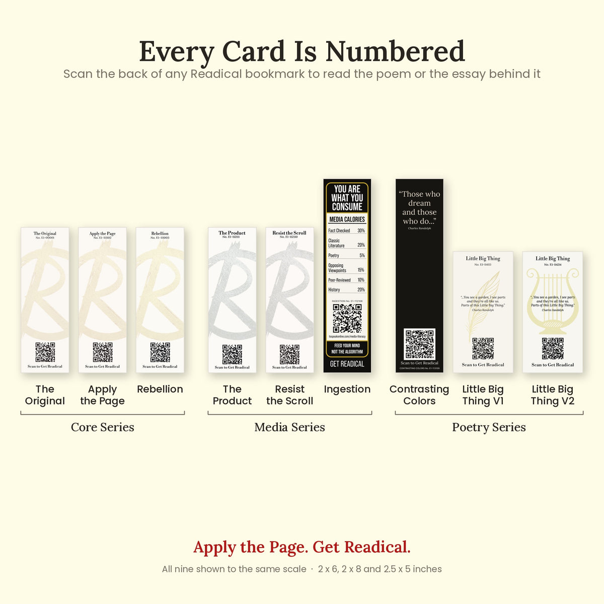 Backs of all nine Readical bookmarks, each numbered and carrying a QR code, shown to the same scale