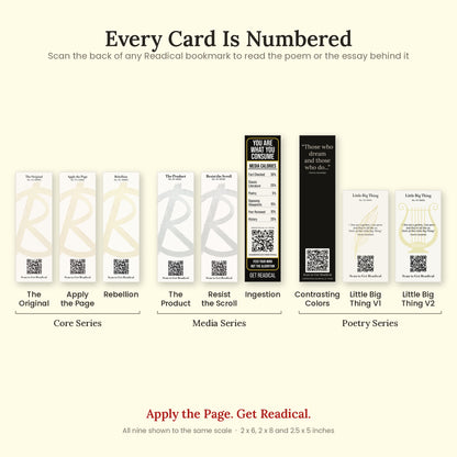 Backs of all nine Readical bookmarks, each numbered and carrying a QR code, shown to the same scale