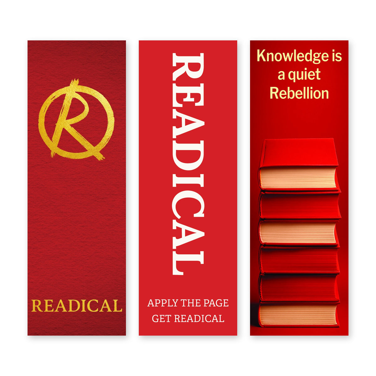Fronts of the three bookmarks in the Readical Core Series set side by side: The Original, Apply the Page and Rebellion, all on red