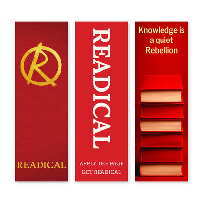 Fronts of the three bookmarks in the Readical Core Series set side by side: The Original, Apply the Page and Rebellion, all on red