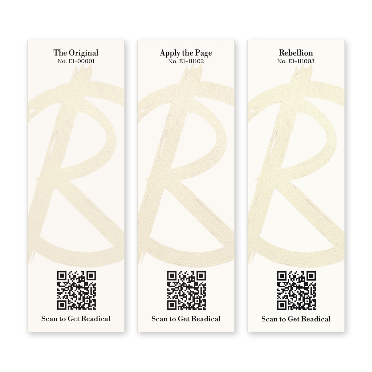 Backs of the three Readical Core Series set bookmarks: cream cards with a painted R mark, each card’s title and number and a QR code