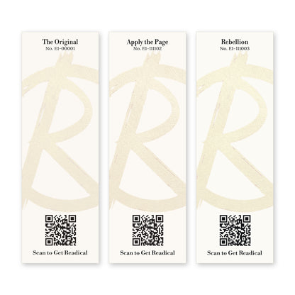 Backs of the three Readical Core Series set bookmarks: cream cards with a painted R mark, each card’s title and number and a QR code