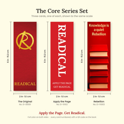The three Core Series set bookmarks with dimensions, each 2 x 6 inches (5.1 x 15.2 cm), with names and card numbers
