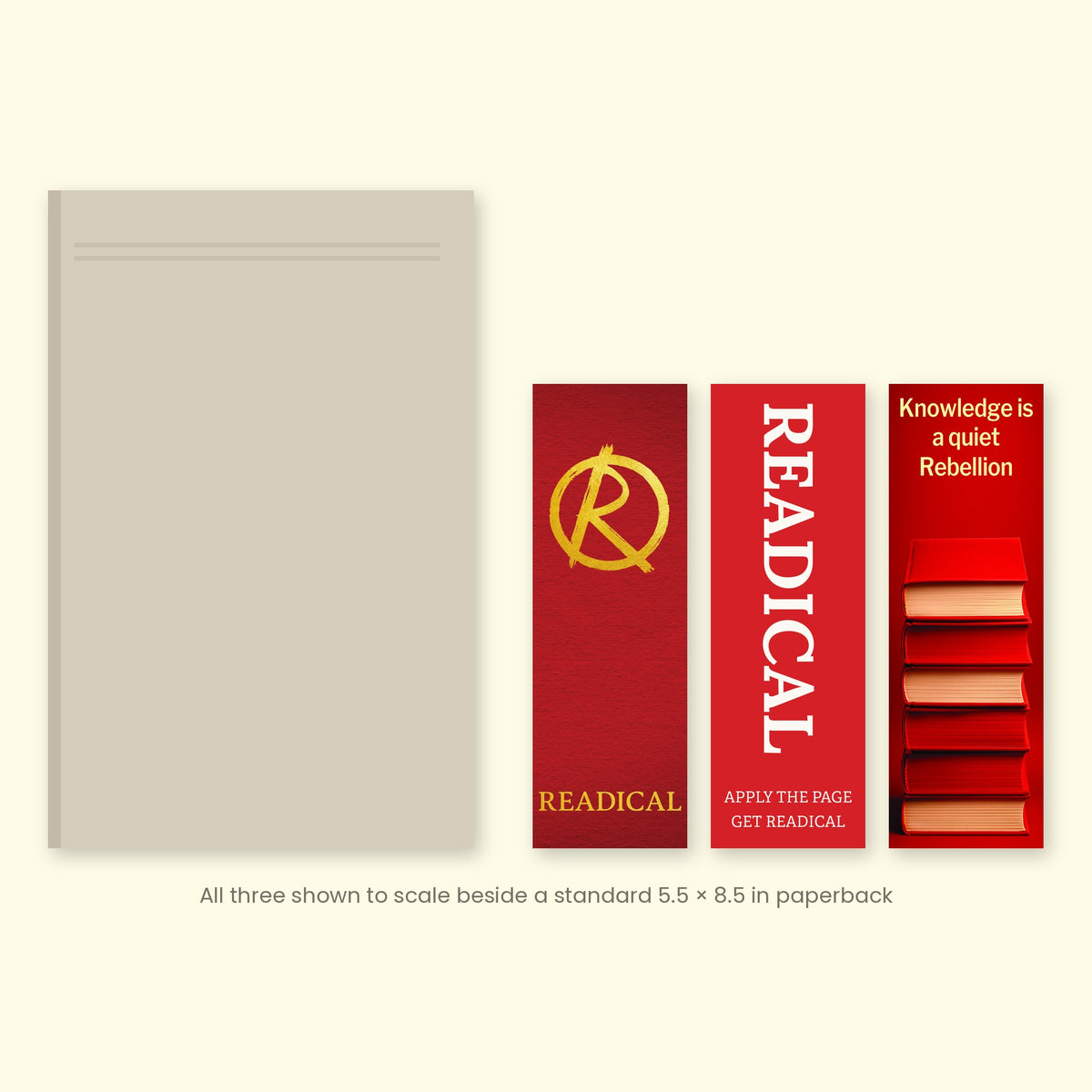 The three Core Series set bookmarks shown to scale beside a standard 5.5 x 8.5 inch paperback