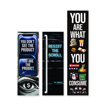 Fronts of the three bookmarks in the Readical Media Series set side by side: The Product, Resist the Scroll and the taller Ingestion