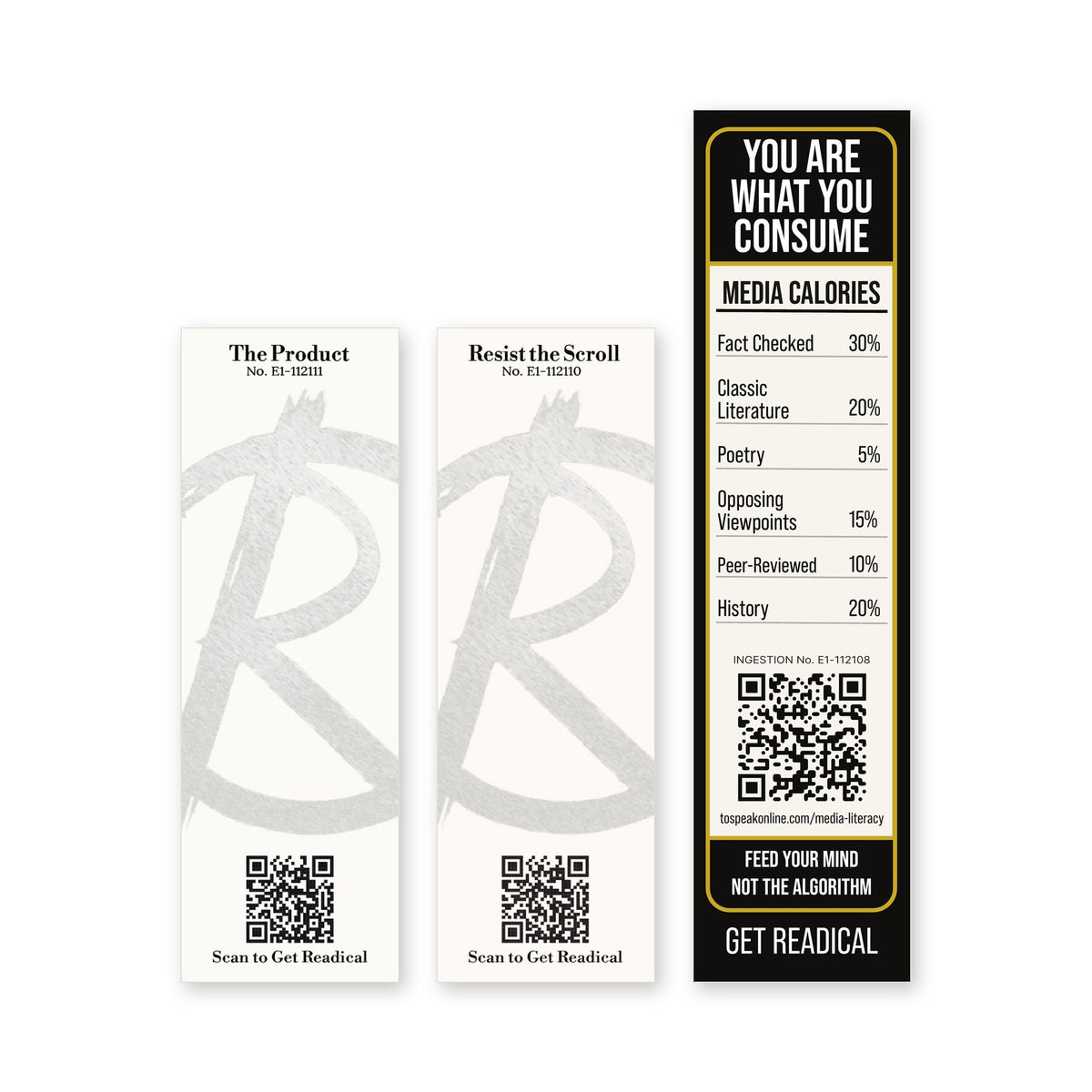 Backs of the three Readical Media Series set bookmarks: two cream cards with a painted R mark and a black Media Calories label, each with its card number and a QR code