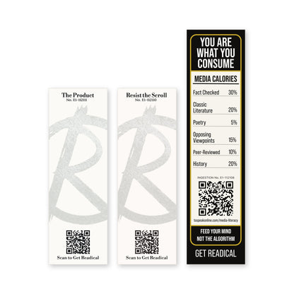 Backs of the three Readical Media Series set bookmarks: two cream cards with a painted R mark and a black Media Calories label, each with its card number and a QR code