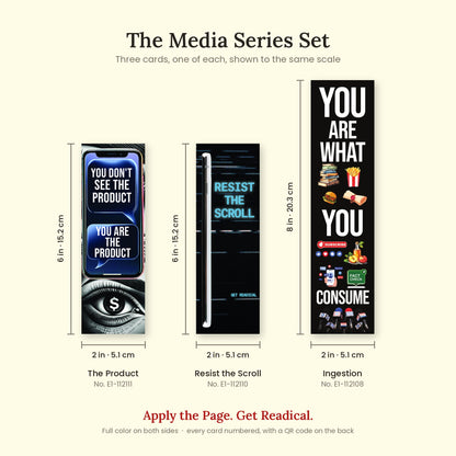 The three Media Series set bookmarks with dimensions: The Product and Resist the Scroll 2 x 6 inches (5.1 x 15.2 cm), Ingestion 2 x 8 inches (5.1 x 20.3 cm)