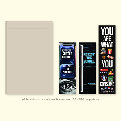 The three Media Series set bookmarks shown to scale beside a standard 5.5 x 8.5 inch paperback