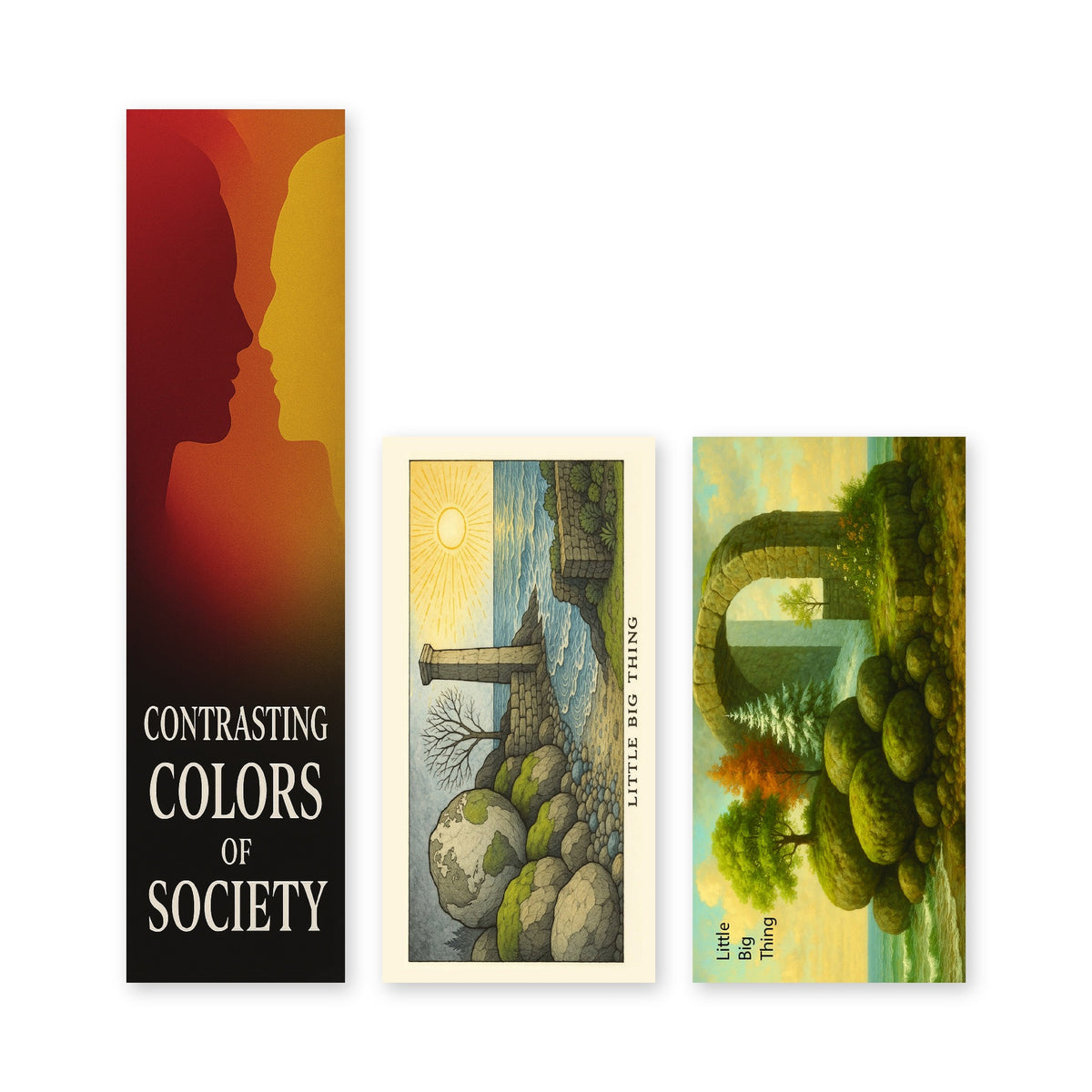 Fronts of the three bookmarks in the Readical Poetry Series set side by side: the tall Contrasting Colors and the two shorter Little Big Thing landscape cards