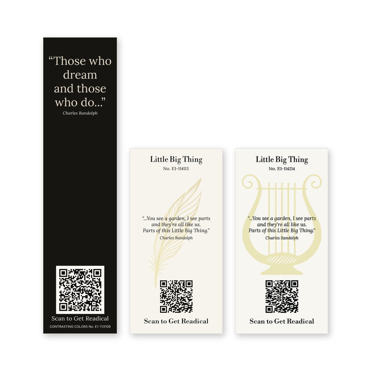 Backs of the three Readical Poetry Series set bookmarks, each with lines from the poem by Charles Randolph, its card number and a QR code
