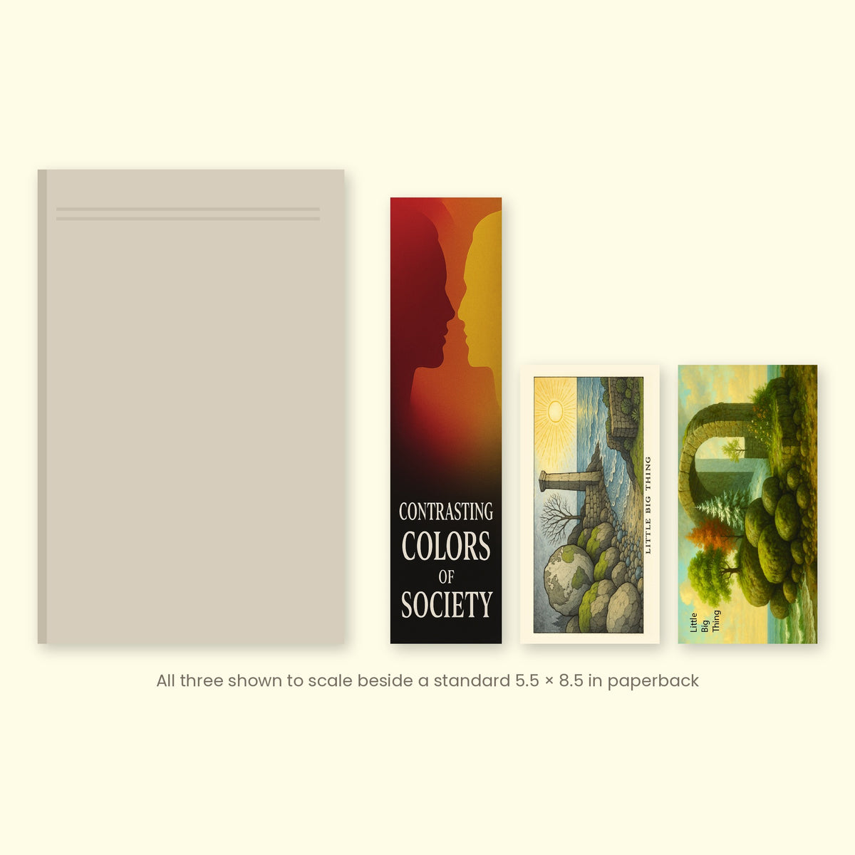 The three Poetry Series set bookmarks shown to scale beside a standard 5.5 x 8.5 inch paperback