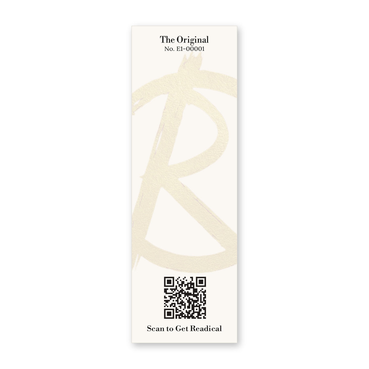 Back of the Readical The Original bookmark: cream card with a painted R mark, card No. E1-00001 and a QR code