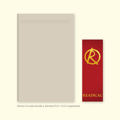 The Original bookmark shown to scale beside a standard 5.5 x 8.5 inch paperback
