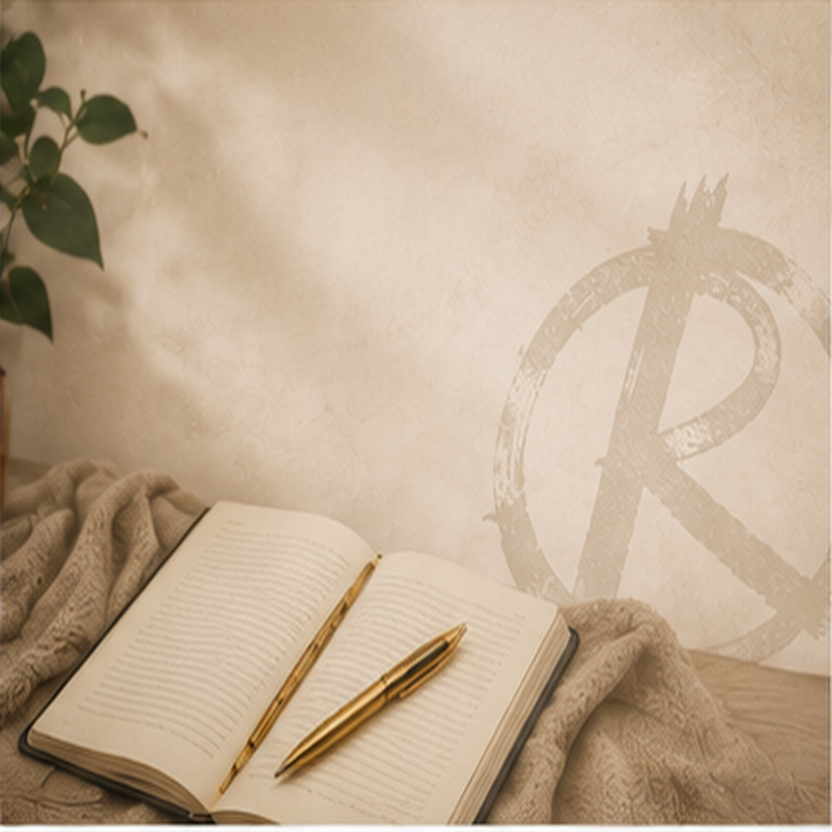 Open book and gold pen beside a Readical brush-mark R