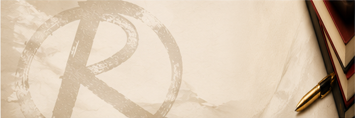 Cream Readical banner with books, gold pen, and brush-mark R