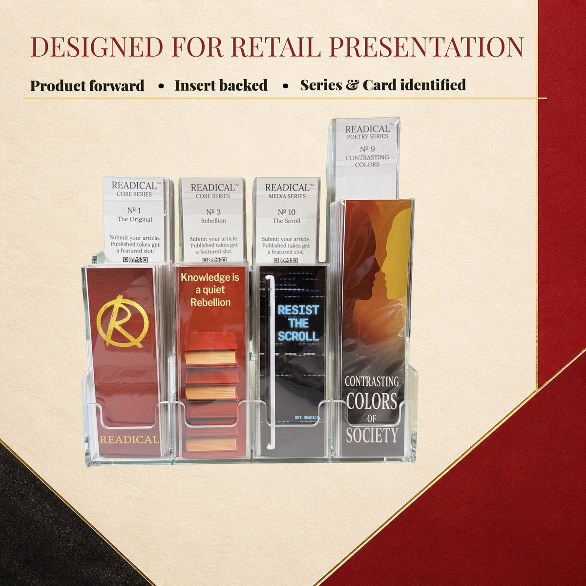 Readical bookmark products designed for retail presentation