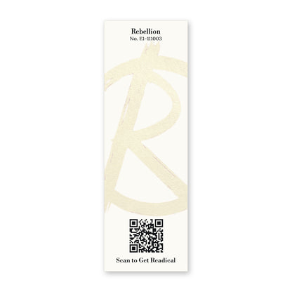 Back of the Readical Rebellion bookmark: cream card with a painted R mark, card No. E1-111003 and a QR code