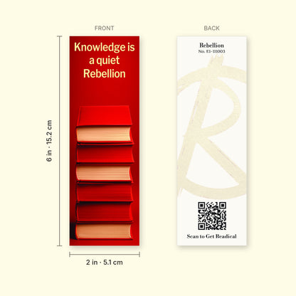 Front and back of the Rebellion bookmark with dimensions, 2 x 6 inches (5.1 x 15.2 cm)