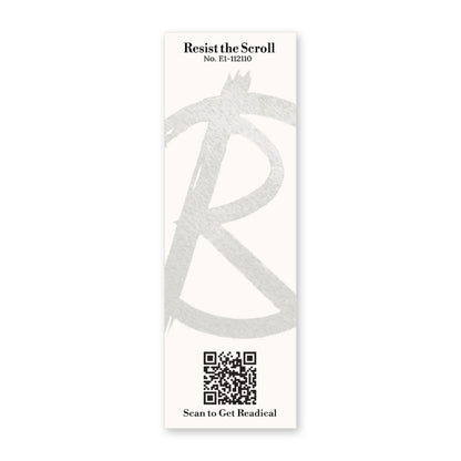 Back of the Readical Resist the Scroll bookmark: cream card with a painted R mark, card No. E1-112110 and a QR code