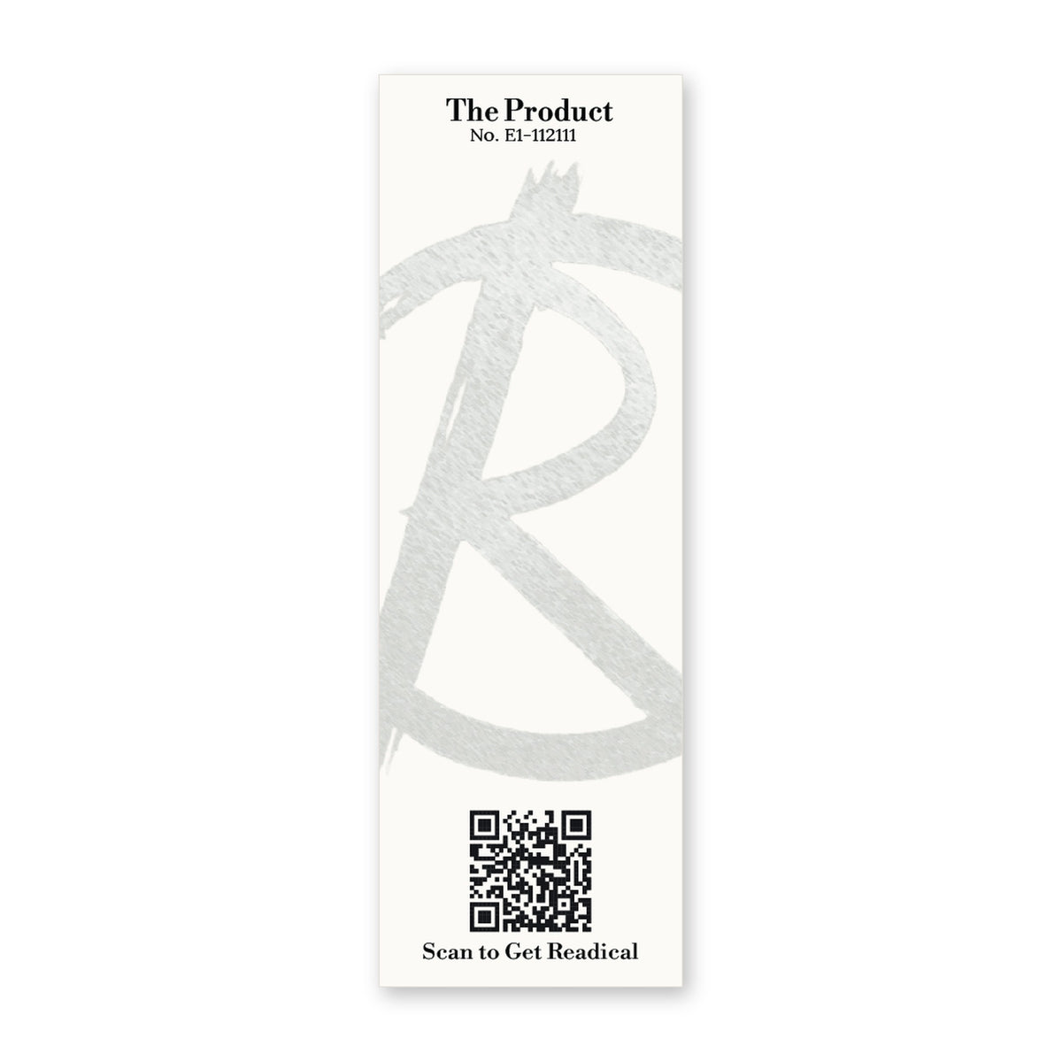 Back of the Readical The Product bookmark: cream card with a painted R mark, card No. E1-112111 and a QR code
