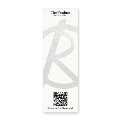 Back of the Readical The Product bookmark: cream card with a painted R mark, card No. E1-112111 and a QR code