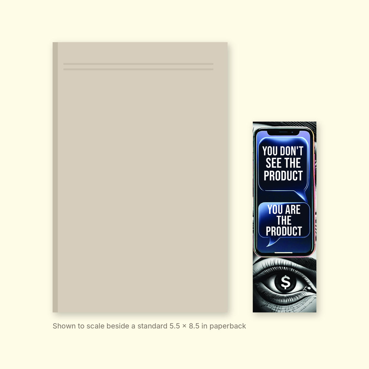 The Product bookmark shown to scale beside a standard 5.5 x 8.5 inch paperback